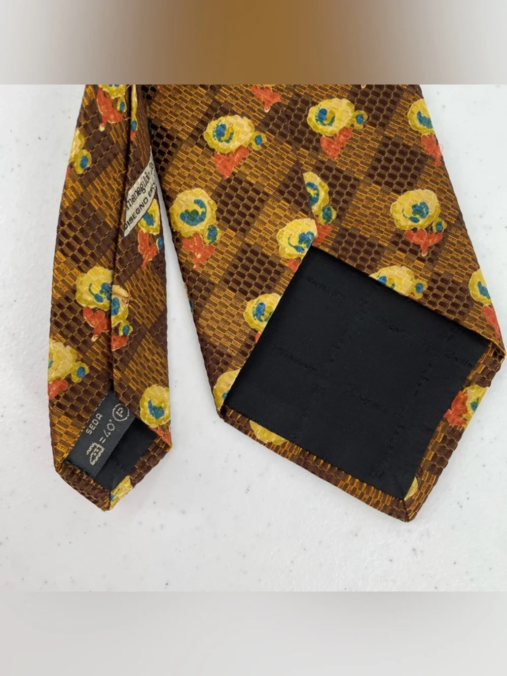 Ermenegildo Zegna Two Tone Brown Background Yellow Blue Orange Floral Silk Tie